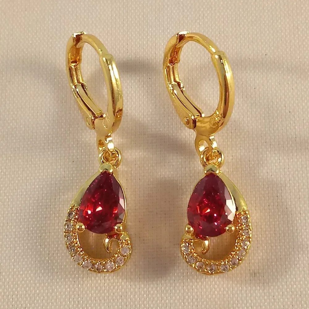 18K Yellow Gold Filled Garnet Red Diamond Zircon Swirl Dangle Earrings 1.25ctw